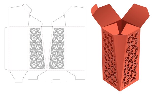 One chamfered tall box with stenciled Japanese pattern die cut template and 3D mockup