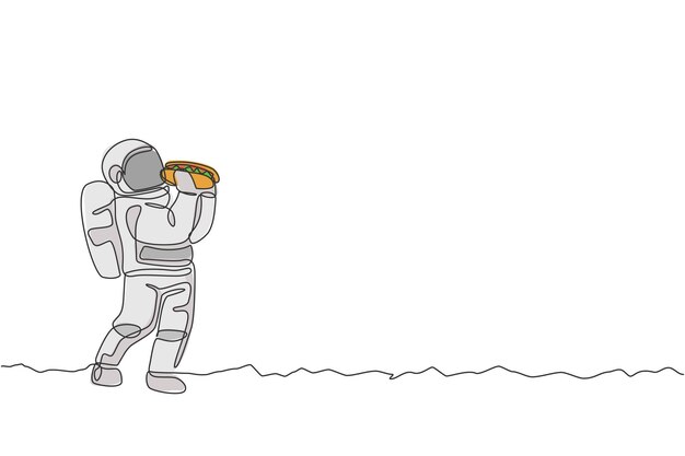 One continuous line drawing cosmonaut eating spicy hot dog in galactic universe Fantasy outer space