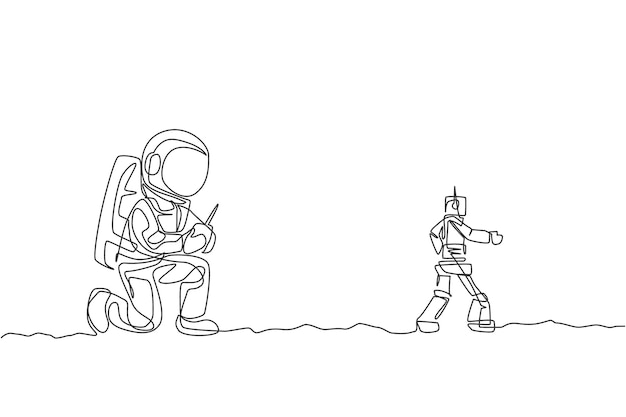One continuous line drawing of astronaut playing robot radio control in moon cosmic galaxy vector