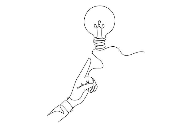 One continuous line drawing of illustration finger pointing to the light bulb found a brilliant idea