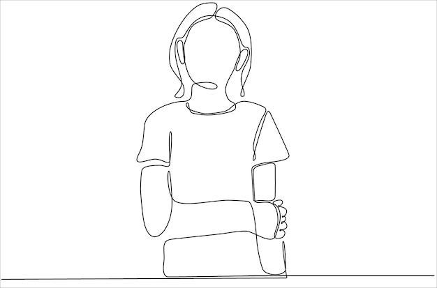 one continuous line drawing of sad and happy woman with broken arm in premium cast vector