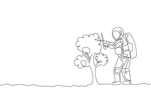 One continuous line drawing of spaceman cutting tree leaf using gardening scissor in moon vector