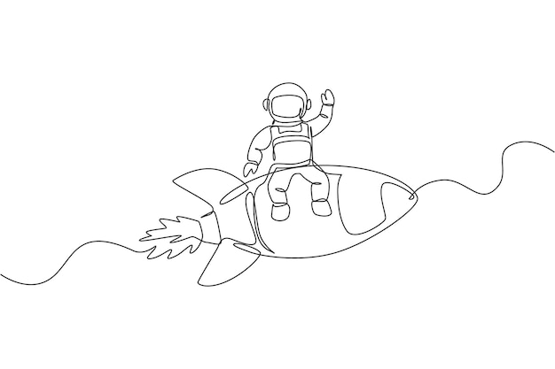 One continuous line drawing spaceman astronaut waving hand and sit on flying rocket cosmonaut vector
