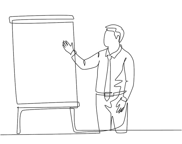 One continuous line drawing young presenter delivering increasing product report to finance manager