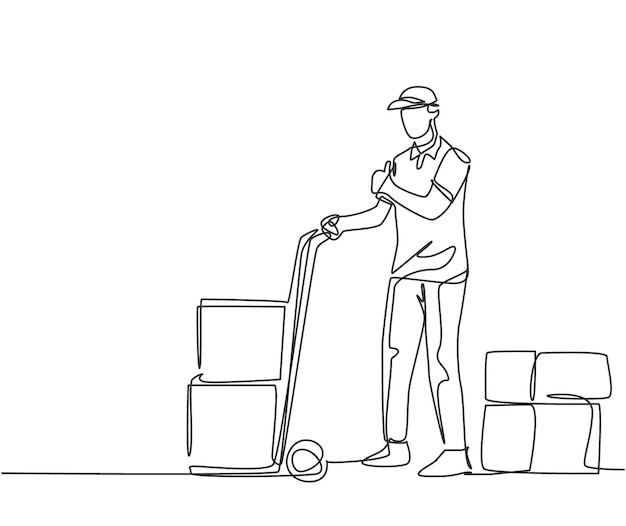 one line drawing delivery man gives thumbs up gesture while carrying carton box package with trolley