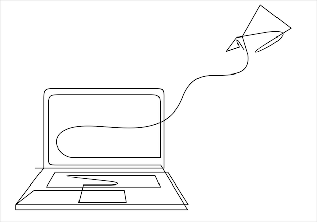 one line drawing of laptop computer with paper plane as business concept of startup