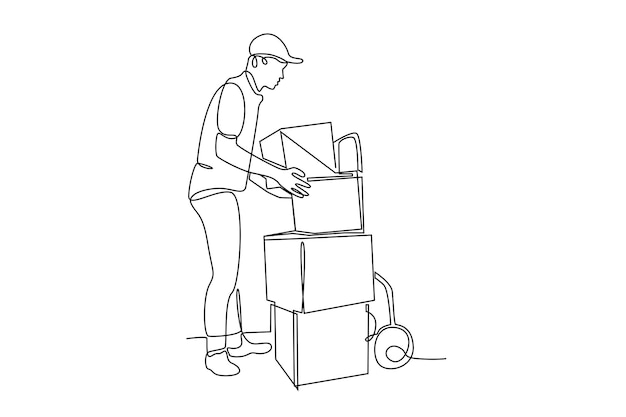 one line drawing of the courier lifts the package from the trolley delivery service concept cargo activity continuous line draw design vector illustration