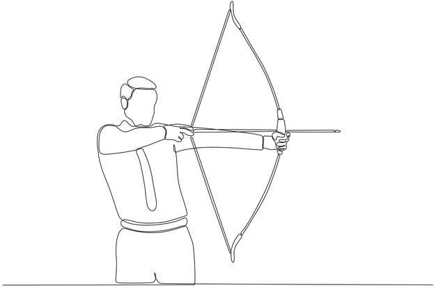 One Line Drawing or Continuous Line Art of a Male Archery Athlete Premium Vector Illustration