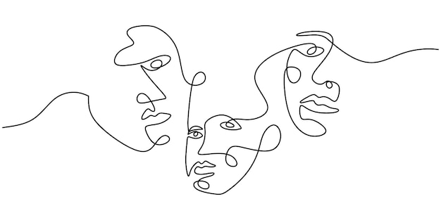 One line of abstract faces isolated on white background Hand drawing continuous line minimalism