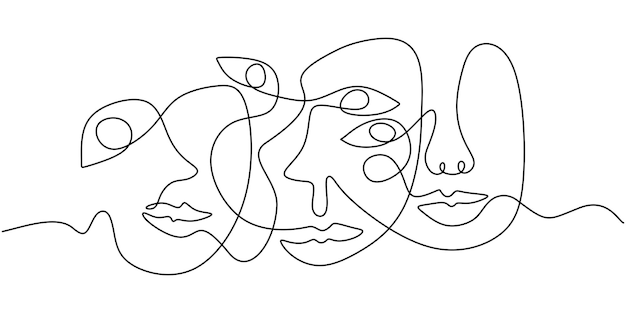One line of abstract faces isolated on white background Hand drawing continuous line minimalism