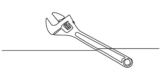 One mechanical wrench for nuts drawn in one continuous line black color isolated on white background