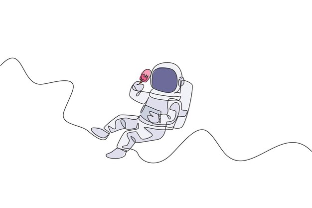One single line drawing astronaut flying relax in galaxy while eating popsicle ice cream vector art