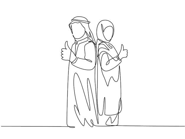 One single line drawing muslim male and female couple give thumb up gesture Arabia cloth headscarf