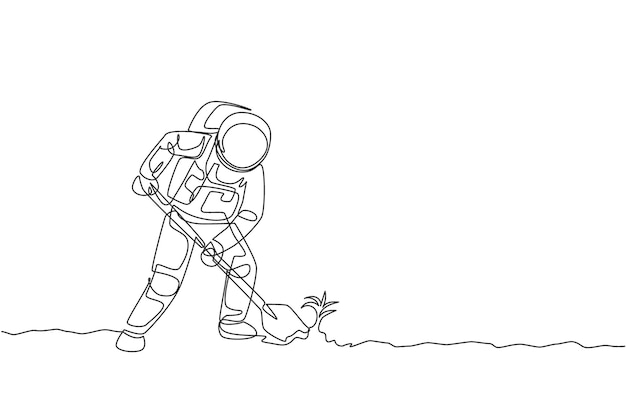 One single line drawing of astronaut digging up soil using metal shovel in moon surface vector