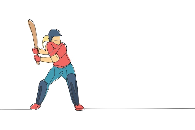 one single line drawing of energetic woman cricket player stance standing to receive a ball vector