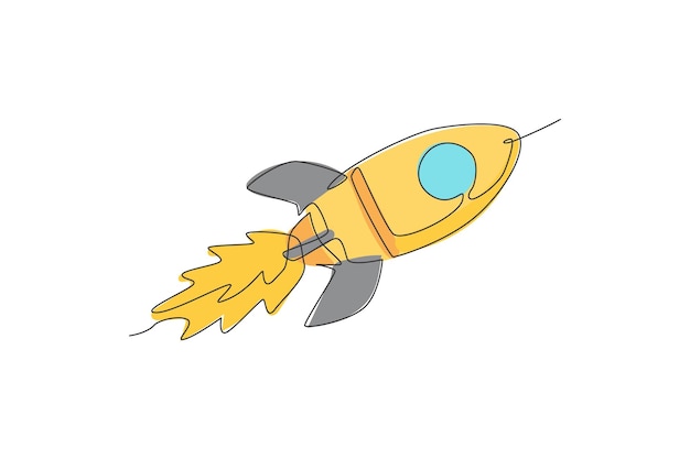 One single line drawing of simple vintage rocket takes off into the outer space vector exploration