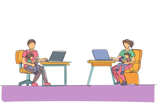 one single line drawing of young mother and father sitting on chair while typing on laptop and carrying their kid vector illustration work from home concept modern continuous line draw design