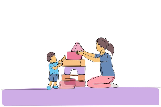 One single line drawing young mom playing with her son building a house from foam puzzle block toy