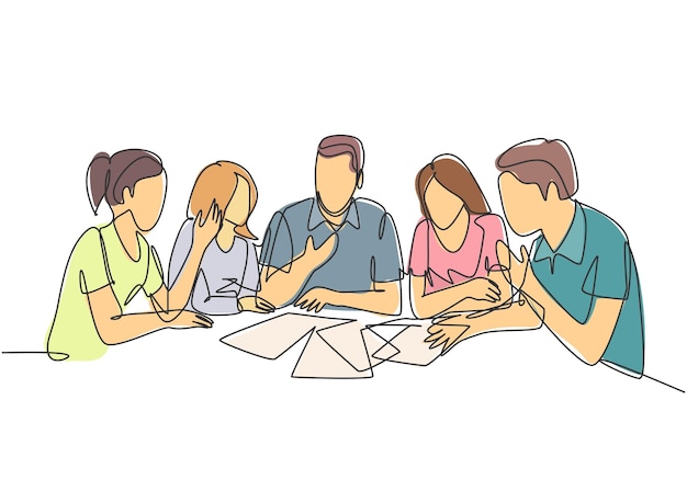 One single line drawing young startup founders brainstorming innovation ideas in a meeting at office