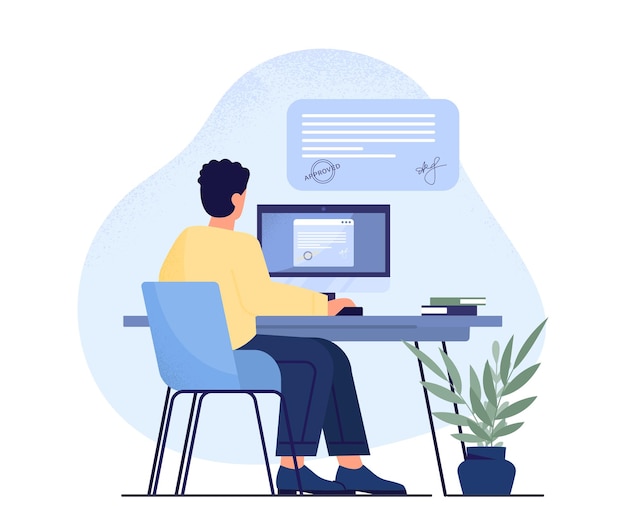 Online approved application young guy sitting at monitor freelancer and remote employee character