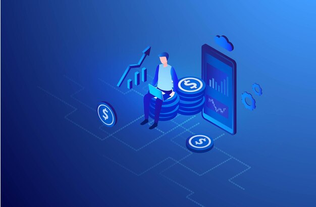 Online business earning man making money and profit from online working vector illustration