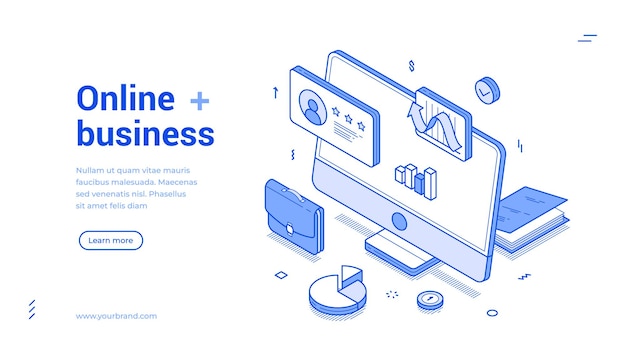 online business management analyzing optimization isometric web banner vector illustration