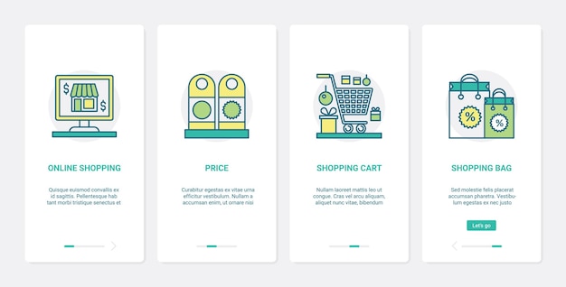 Online commerce, internet shop technology. UX, UI onboarding mobile app set shopping bag and cart from supermarket or grocery store, price ecommerce symbols