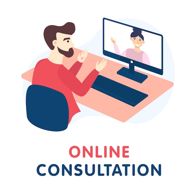 Online consultation design concept Man has a conversation with a specialist using his computer