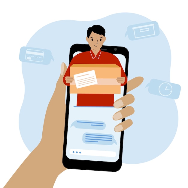 online consultation on the delivery of goods mobile phone with correspondence with the delivery service delivery man with a box