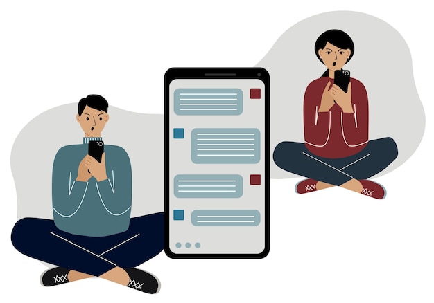 online correspondence of people in messages. a man and a woman sit cross-legged and swear, texting on the phone. vector graphics.