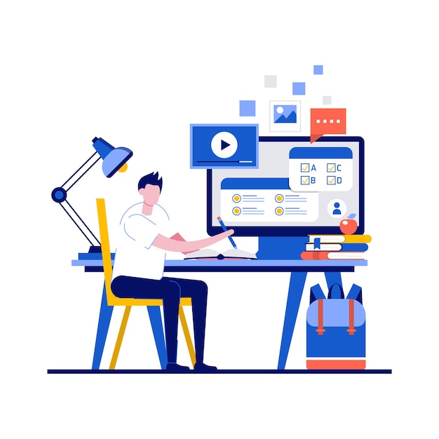 online courses concepts with student taking online test