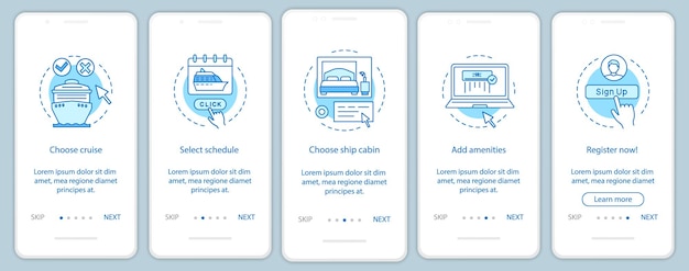 Online cruise booking onboarding mobile app page screen vector template. Choose schedule, add amenities. Walkthrough website steps with linear illustrations. UX, UI, GUI smartphone interface concept