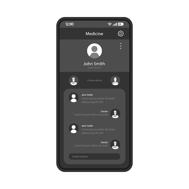 Online doctor consultation smartphone app interface vector template Mobile medicine and healthcare application Page black design layout Internet medical diagnostic screen Flat UI Phone display