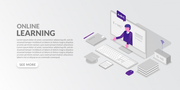 online education concept in isometric style, learn from home by internet learning course