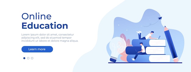 Online education concept Vector layout for website page Illustration in flat style with people studying remotely Students learning online at home Vector illustration EPS 10