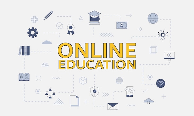 Online education concept with icon set with big word or text on center vector illustration