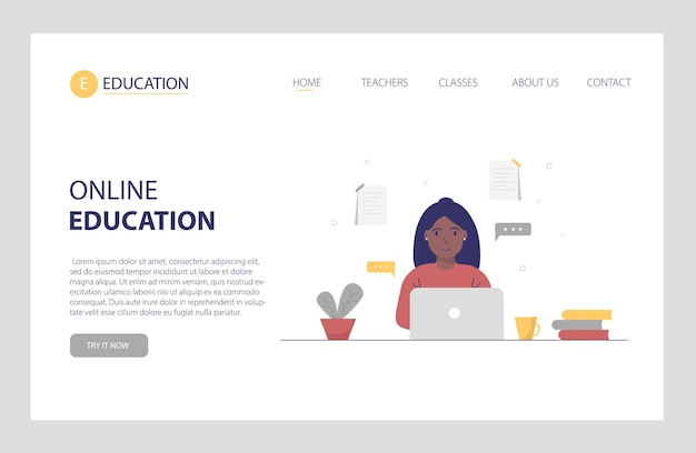 Online education. Girl with laptop. Landing page