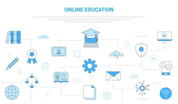 Online education technology concept with icon set template banner with modern blue color style vector illustration