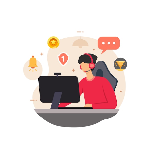 online game streamer design concept. a boy play the computer game vector illustration