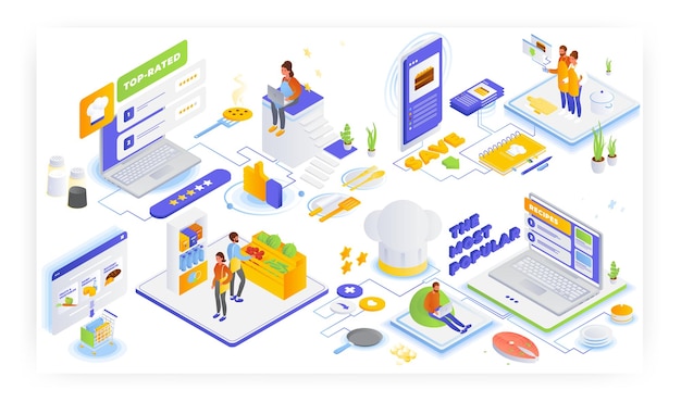 Online grocery shopping top rated the most popular and saved food recipes flat vector isometric illu