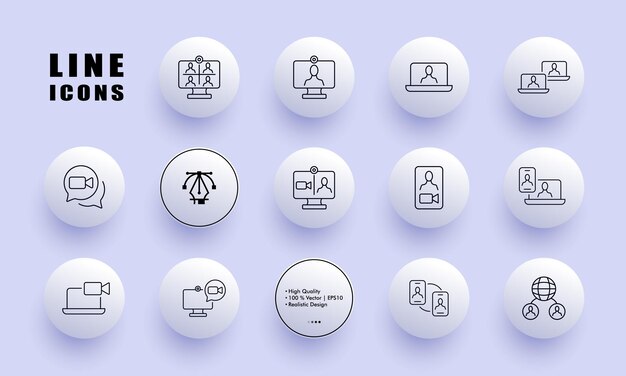 Online-kokoussarjan kuvake Konferenssi etätyö online-internet tietokone kannettava tietokone kamera puhelin web webinaari maailmanlaajuinen planeetta Liiketoimintakonsepti Neomorphism Vektorilinjakuvake mainontaan