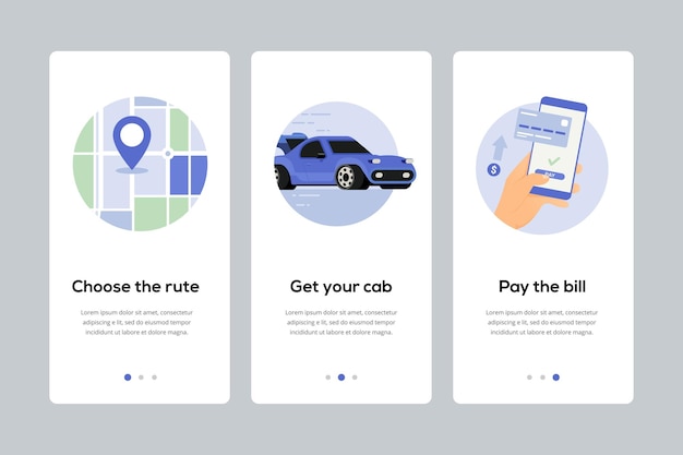 Online order booking transportation onboarding screens template for mobile apps