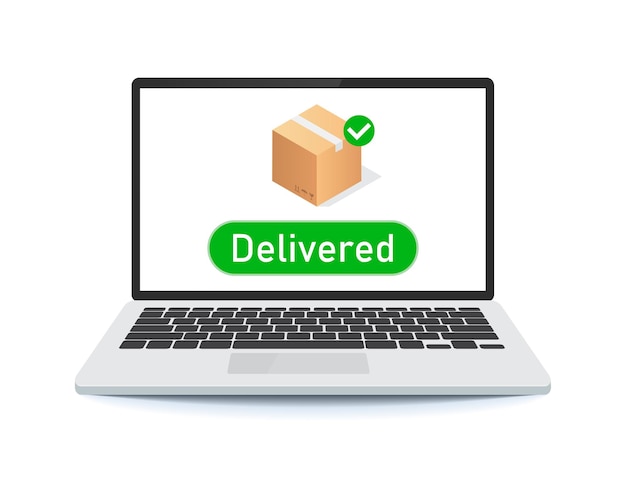 online order with check mark on laptop icon vector, internet parcel postal package delivered