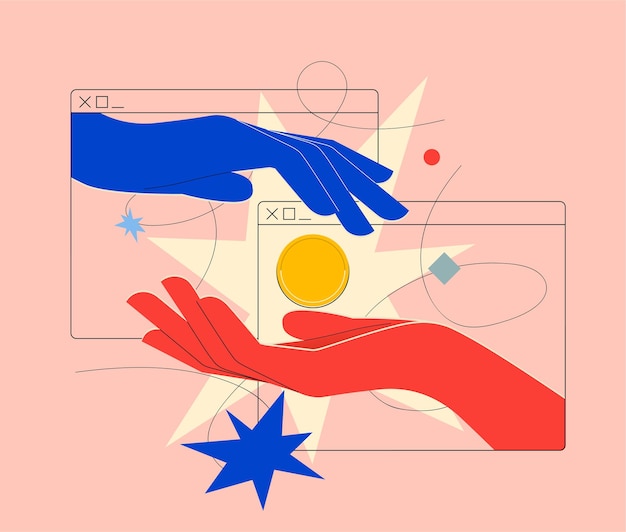 Online payment on online money or cryptocurrency transfer or currency exchange concept with two hands coming out of browser pass each other a golden coin