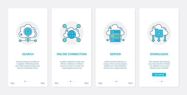Online pilviyhteys globaali teknologia UX, UI onboarding mobiilisovellussivunäyttöjoukko