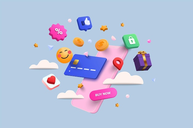 Online shopping 3D Illustration, online shop, online payment and delivery concept with floating elements. sale banner, gift box, discount, social advertising. 3D Vector Illustration.