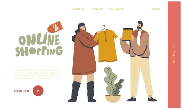 Online Shopping Landing Page Template. Female Customer Character Choosing Dress on Tablet App. Girl Buying Apparel Using Application Digital Purchase, Internet Store. Linear People Vector Illustration