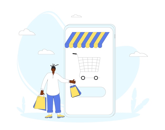 Online shopping Man with huge smartphone and shopping bags