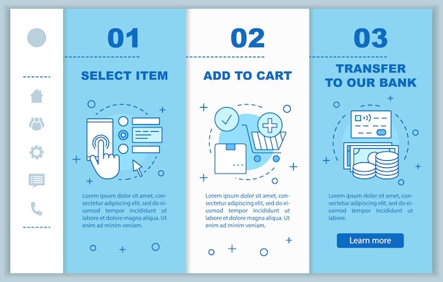 Online shopping onboarding mobile web pages vector template
