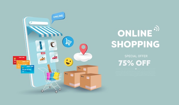 online shopping store and mobile phone design. smart business marketing concept. horizontal view.